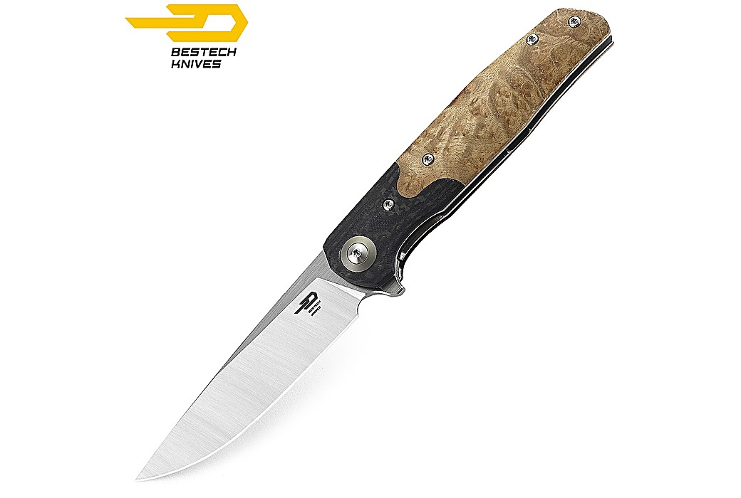 Bestech Navalha Ascot Fibra de Carbono Madeira Burl Clara G10 D2